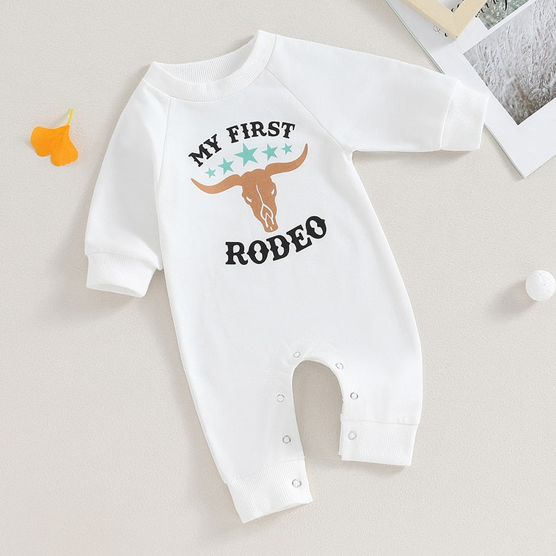 Baby romper by August + Willow featuring western bull head and letter print, long sleeves, perfect for fall baby and toddler outfits.