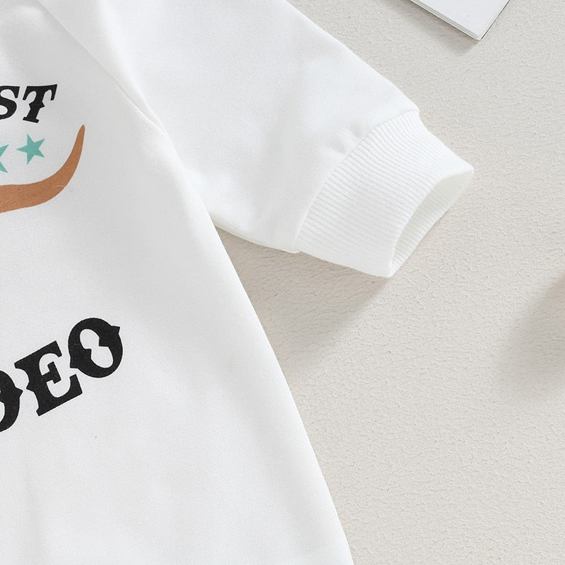 Baby boy or girl romper by August + Willow featuring a western bull head letter print, long sleeves, perfect for fall.