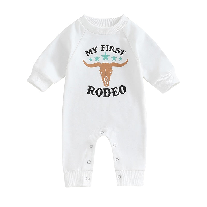 Baby toddler romper by August + Willow featuring western bull head and letter print, long sleeve jumpsuit for fall.
