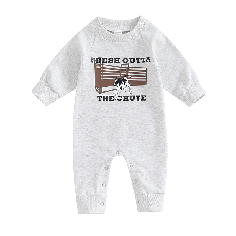 Baby boy and girl romper by August + Willow featuring western bull head and letter print, long sleeve jumpsuit for fall wear.
