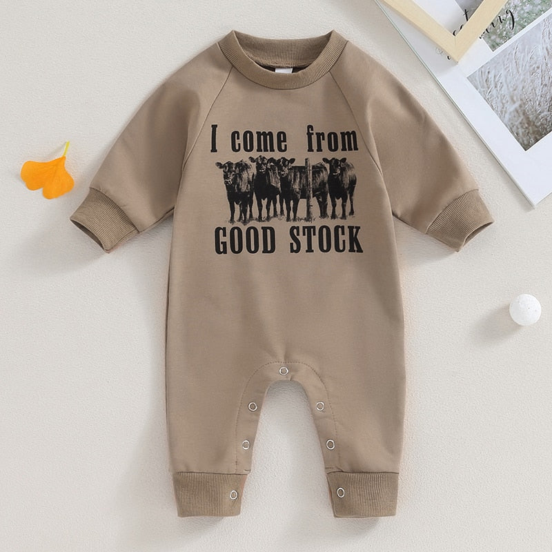 Baby toddler romper by August + Willow featuring western bull head and letter print, long sleeves, perfect for fall.