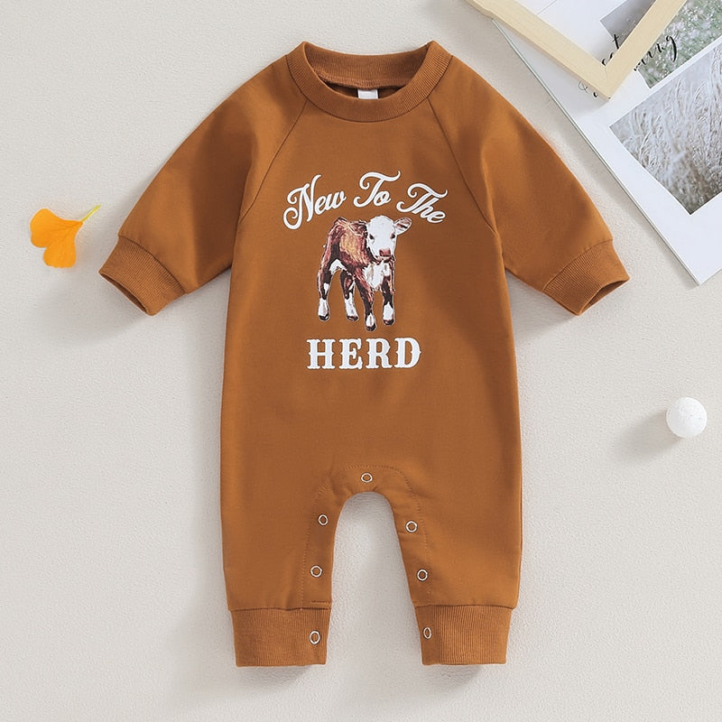 Baby romper by August + Willow featuring western bull head and letter print, long sleeves, perfect for fall for boys and girls.