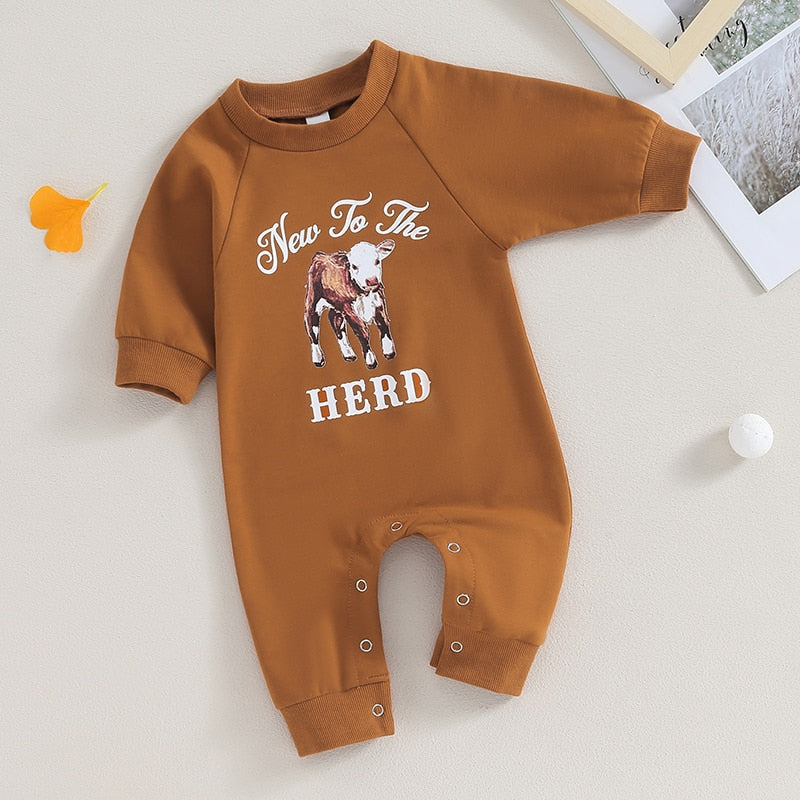 Baby boy or girl romper by August + Willow with western bull head and letter print, long sleeves, perfect for fall.