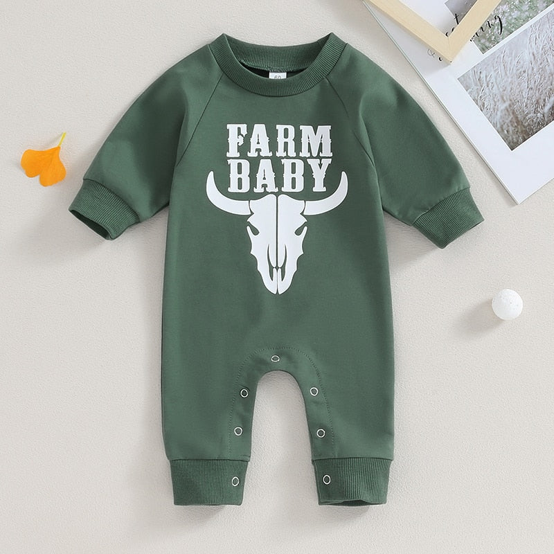 Baby boy and girl romper by August + Willow featuring Western bull head and letter print, long sleeves, perfect for fall.