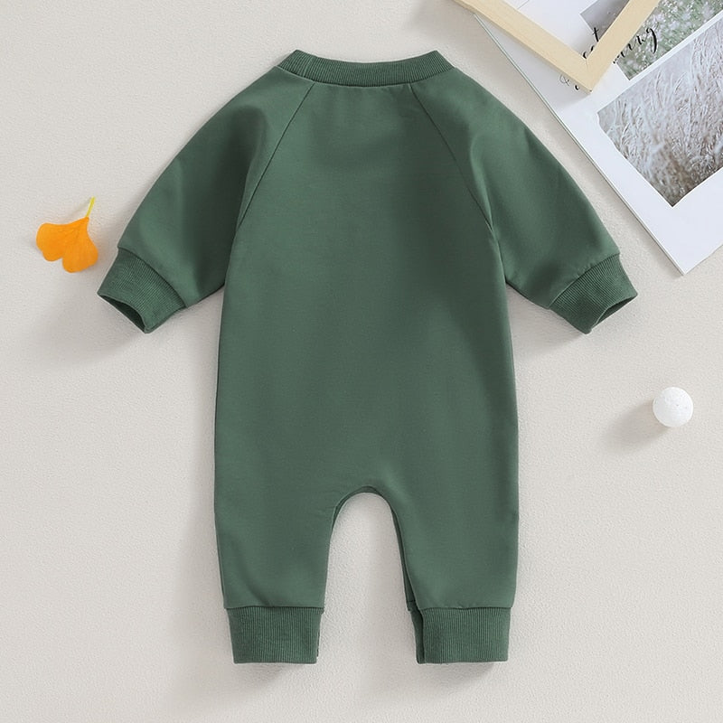 Baby boy girl romper by August + Willow, long sleeve western jumpsuit with bull head and letter print for fall toddler outfits.