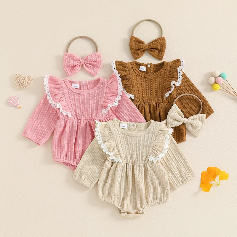 Baby girl 2-piece pink outfit with lace ruffled trim, ribbed long sleeves, round neck romper, and matching bow headband by August + Willow.