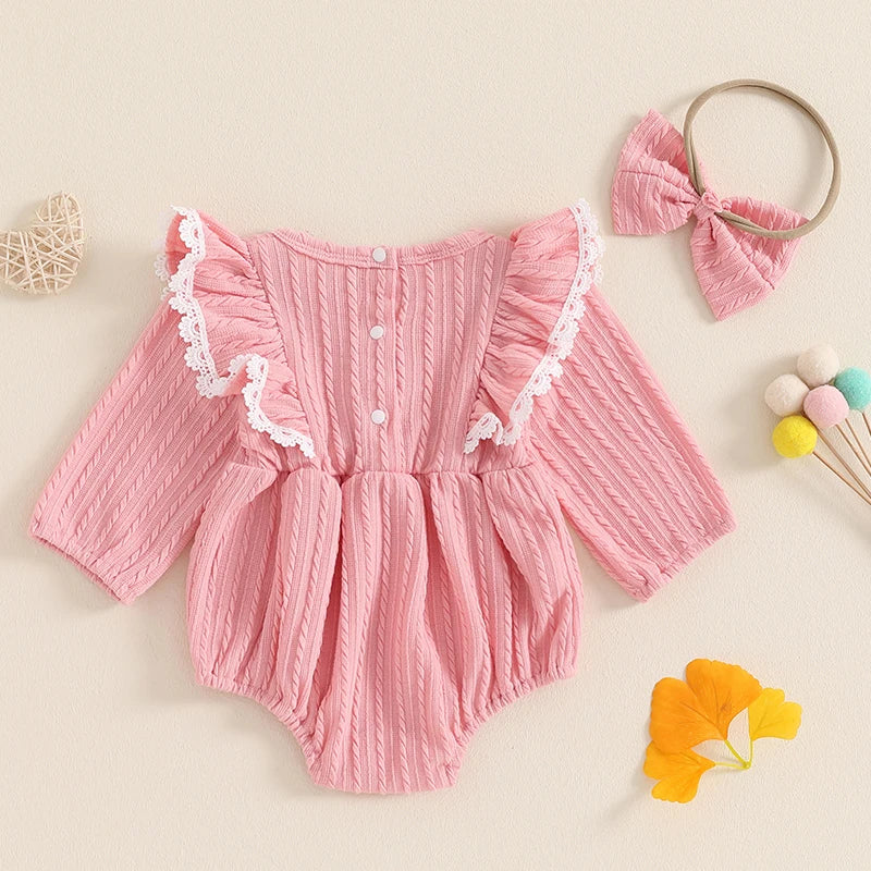 Pink baby girls 2-piece set by August + Willow featuring lace ruffled trim long sleeve romper and matching bow headband for 12-18 months.