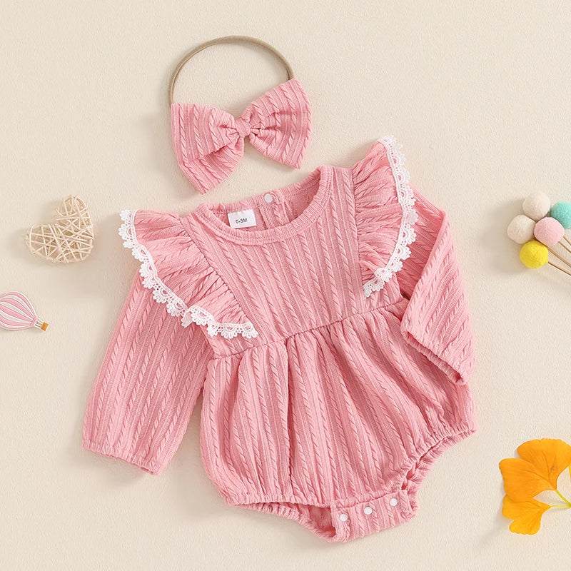 Baby girl 2-piece outfit with lace ruffled trim, ribbed long sleeve romper, and matching bow headband by August + Willow.