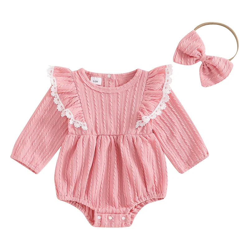 Pink baby girl 2-piece outfit with lace ruffled trim, ribbed long sleeves, round neck romper, and matching bow headband.