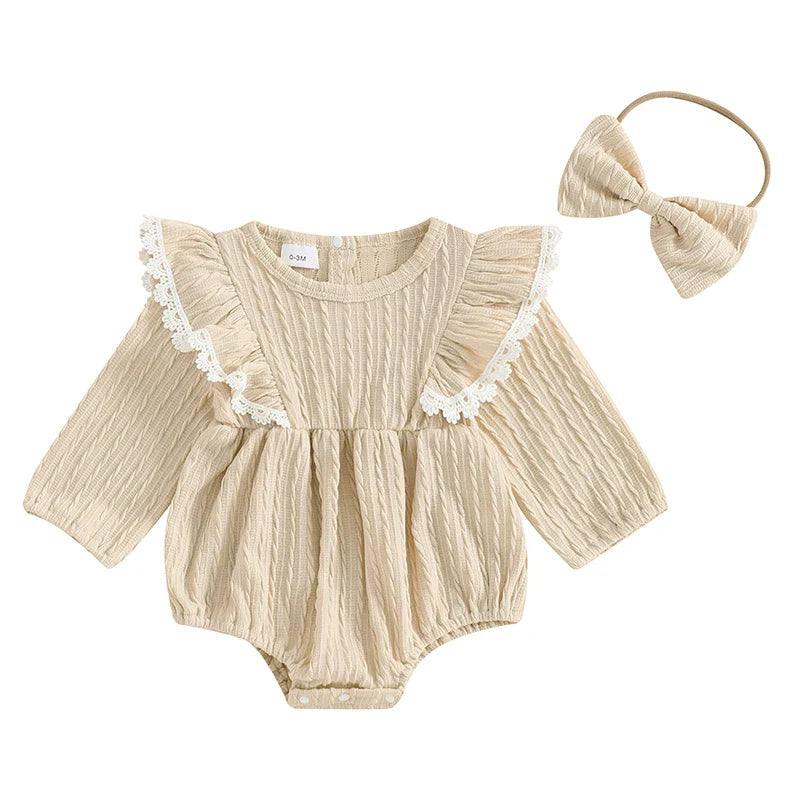Pink 2-piece baby girl outfit from August + Willow with lace ruffled trim, ribbed long sleeves, round neck romper, and bow headband.