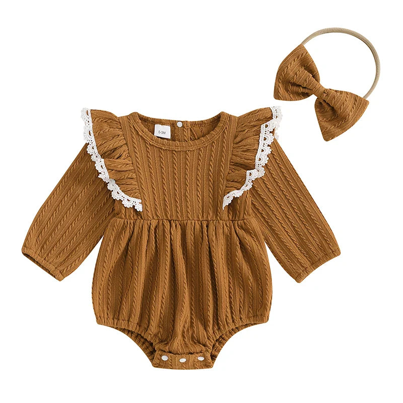 Pink baby girls 2-piece outfit with lace ruffled trim, ribbed long sleeves, round neck, and bow headband by August + Willow.
