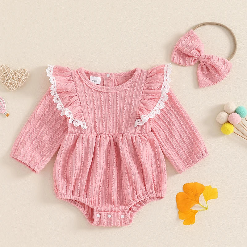 Pink baby girls 2-piece outfit with lace ruffled trim, ribbed long sleeves, round neck romper, and matching bow headband.
