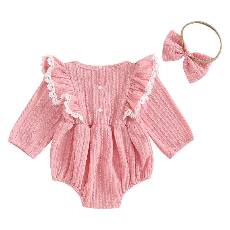Baby girl 2-piece outfit with lace ruffled trim, ribbed long sleeves, round neck romper, and matching bow headband in pink.