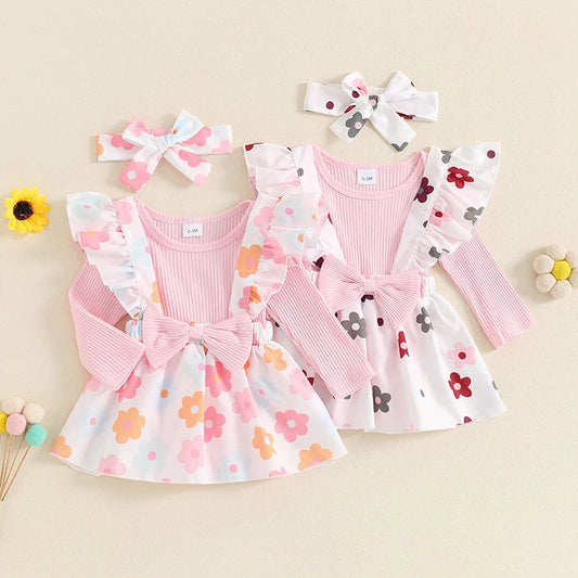 Baby girls fall outfit set with long-sleeve ribbed romper, bow suspender skirt, and headband, by August + Willow.