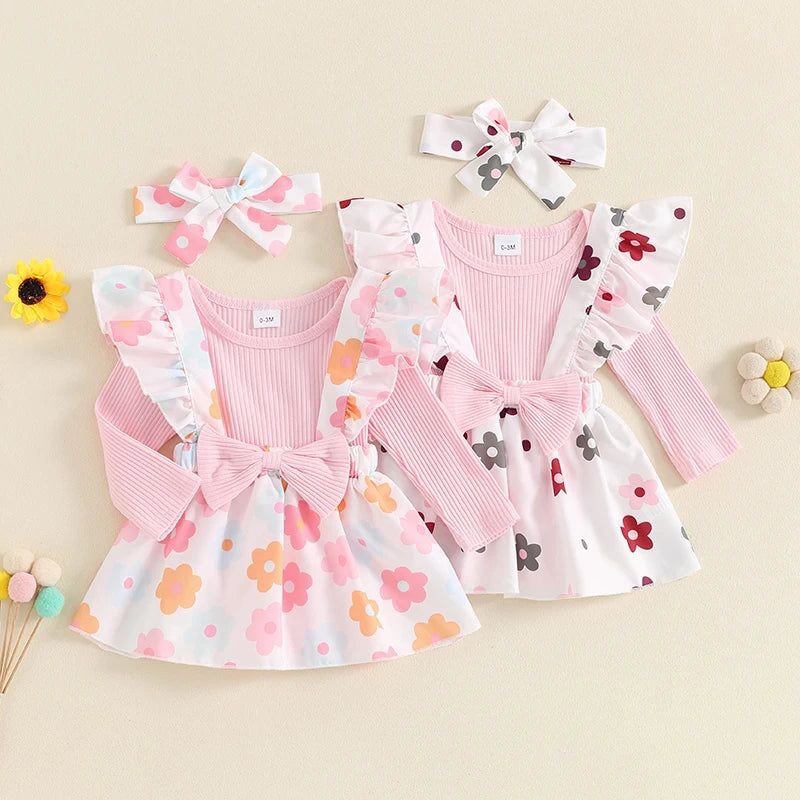 Baby girls' 3-piece fall outfit set by August + Willow, includes long sleeve ribbed romper, flower print skirt, bow suspender, and headband.