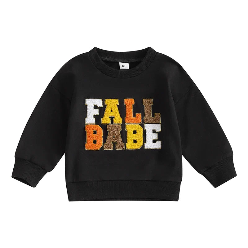 Pink fall-themed baby and toddler long sleeve crewneck top with embroidery letters from August + Willow, suitable for boys and girls.