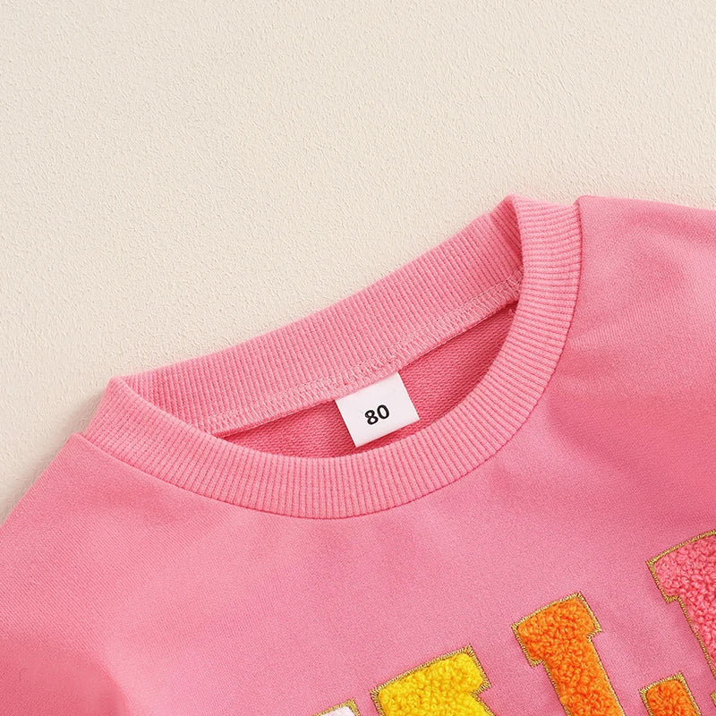 Pink long sleeve baby and toddler fall crewneck top with embroidered letters for boys and girls by August + Willow.