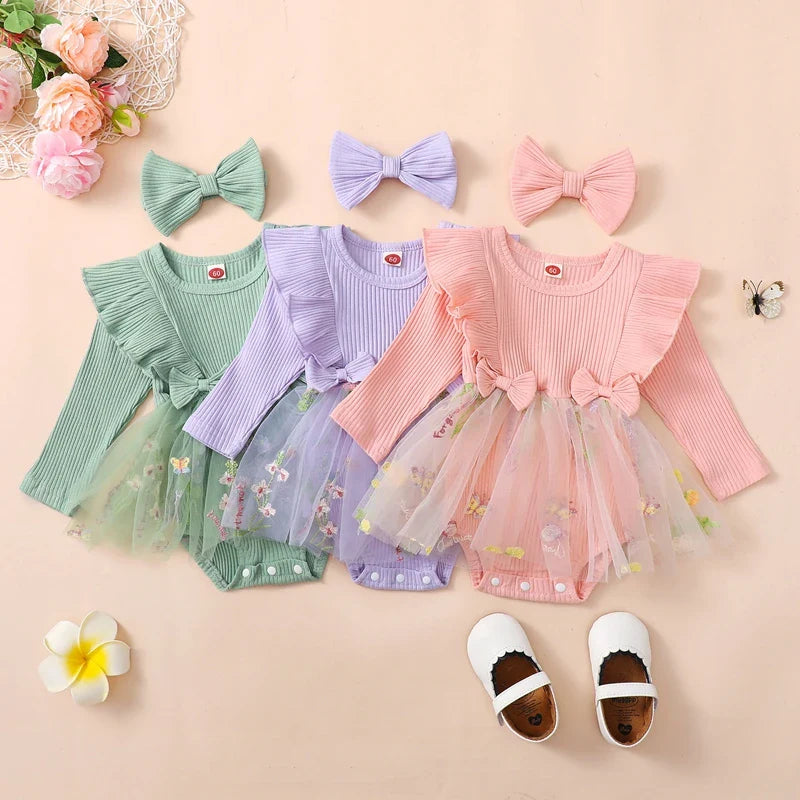 Baby girl 2-piece floral mesh outfit with ruffle romper, dress, tutu skirt, and matching headband by August + Willow.