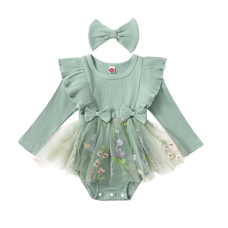 Baby girl 2-piece floral mesh romper dress with ruffles, tutu skirt, and matching headband, by August + Willow, for ages 6-12 months.