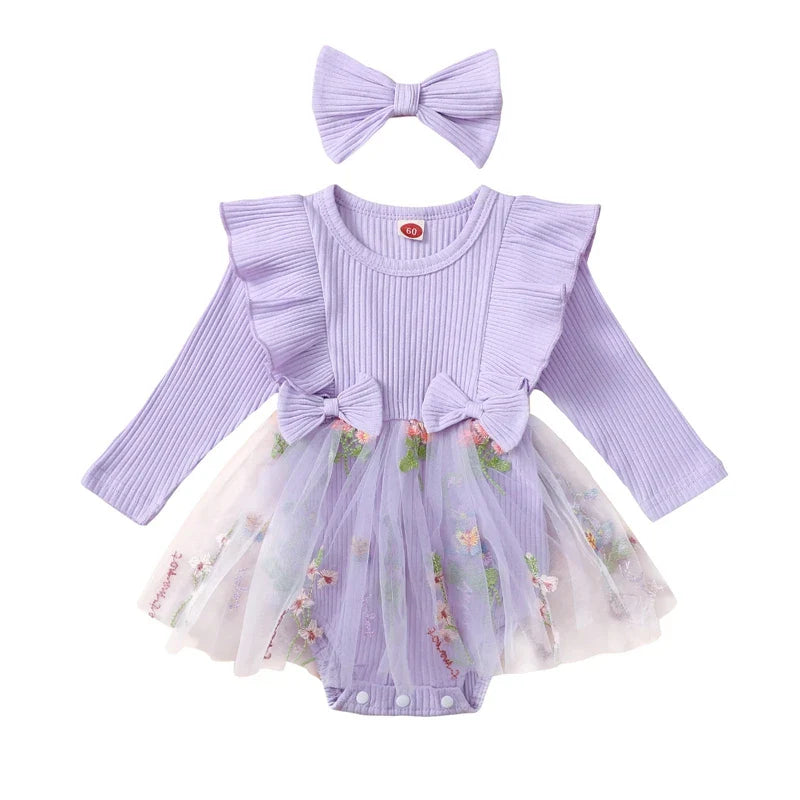 Pink floral mesh 2-piece baby toddler girls outfit with long sleeve romper, tutu skirt, and matching headband by August + Willow.