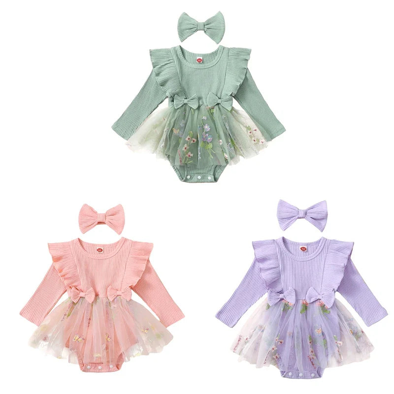 Baby girl 2-piece outfit with floral mesh ruffle long sleeve romper dress, skirt tutu, and matching headband by August + Willow.