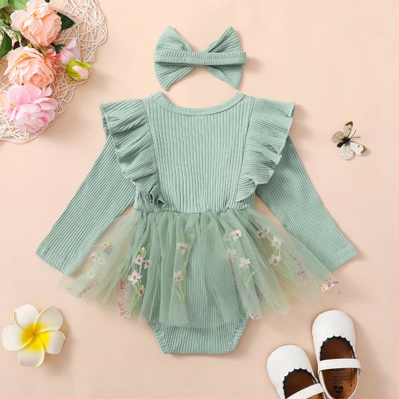 Baby girl 2-piece outfit by August + Willow with floral mesh ruffles long sleeve romper, dress, skirt, tutu, and headband set.