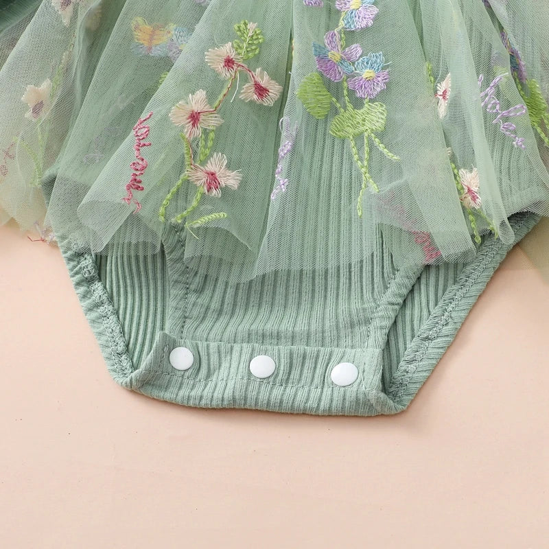 Baby girl 2-piece floral mesh ruffle romper dress, tutu skirt, and headband set by August + Willow for 6-12 months.