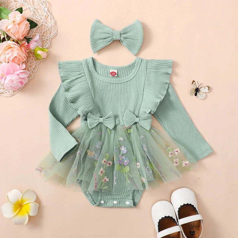 Baby girl 2-piece outfit with floral mesh ruffle romper, dress, tutu skirt, and headband, in pink for ages 6-12 months by August + Willow.