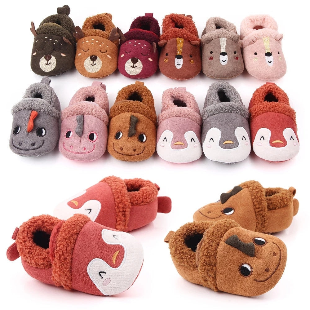 Pink penguin baby shoes for infants, anti-slip first walker slippers for newborns and toddlers by August + Willow.