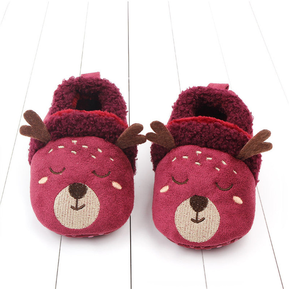 Pink penguin baby shoes by August + Willow, anti-slip first walker slippers for newborns and infants, featuring animal design.
