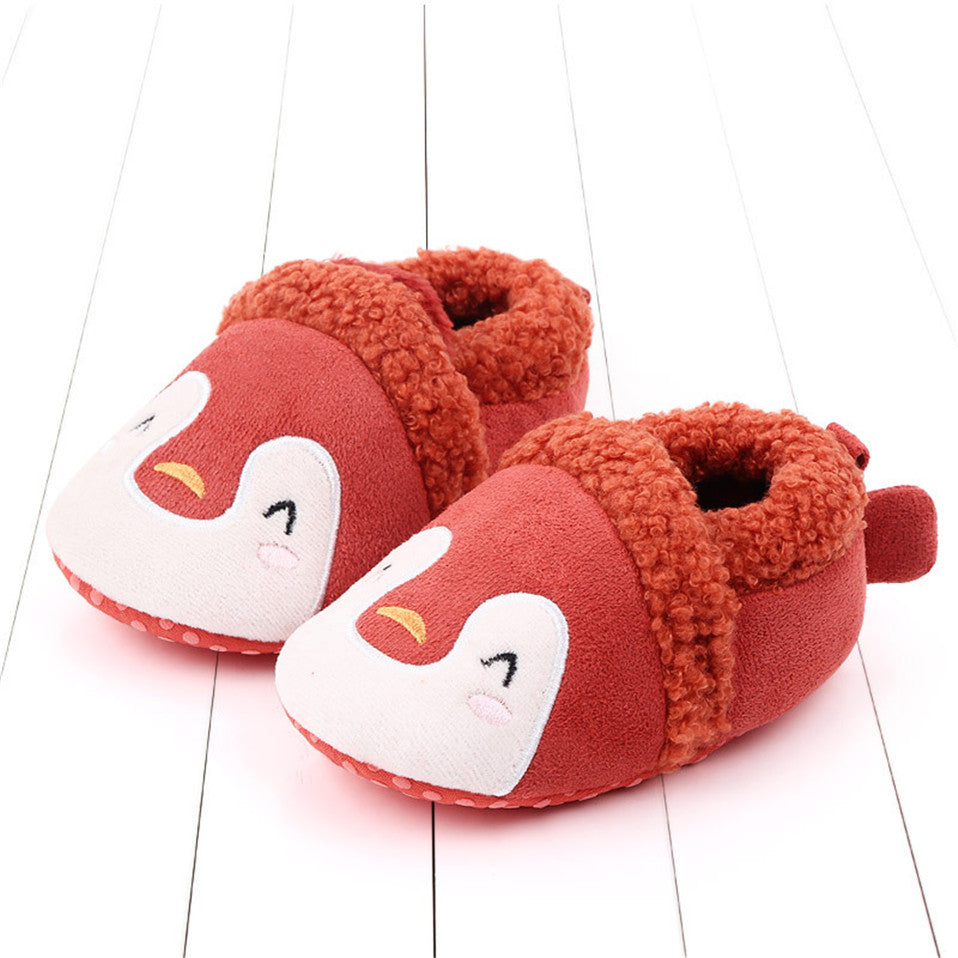 Pink penguin baby shoes by August + Willow, anti-slip animal slippers for newborns and infants, suitable for first walkers.