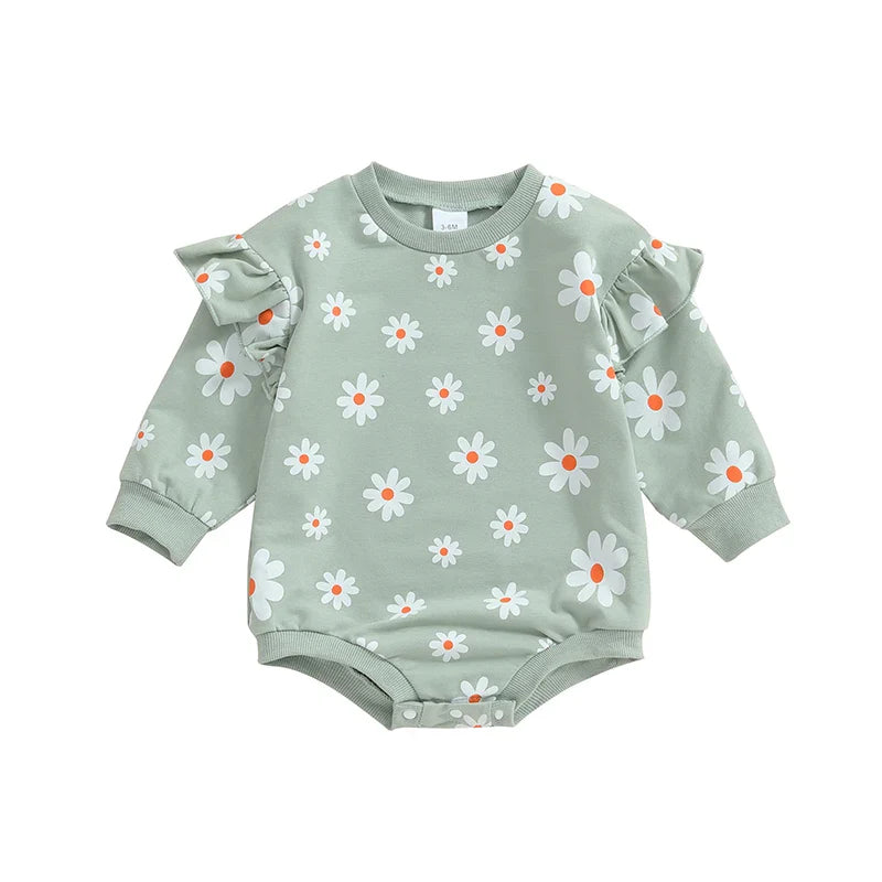 Baby girl bubble romper by August + Willow featuring a purple daisy flower print, long sleeves, round neck, and comfortable fit.