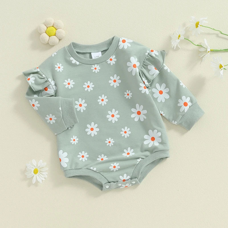 Baby girl bubble romper with daisy flower print, long sleeves, round neck, from August + Willow, suitable for 6-12 months.