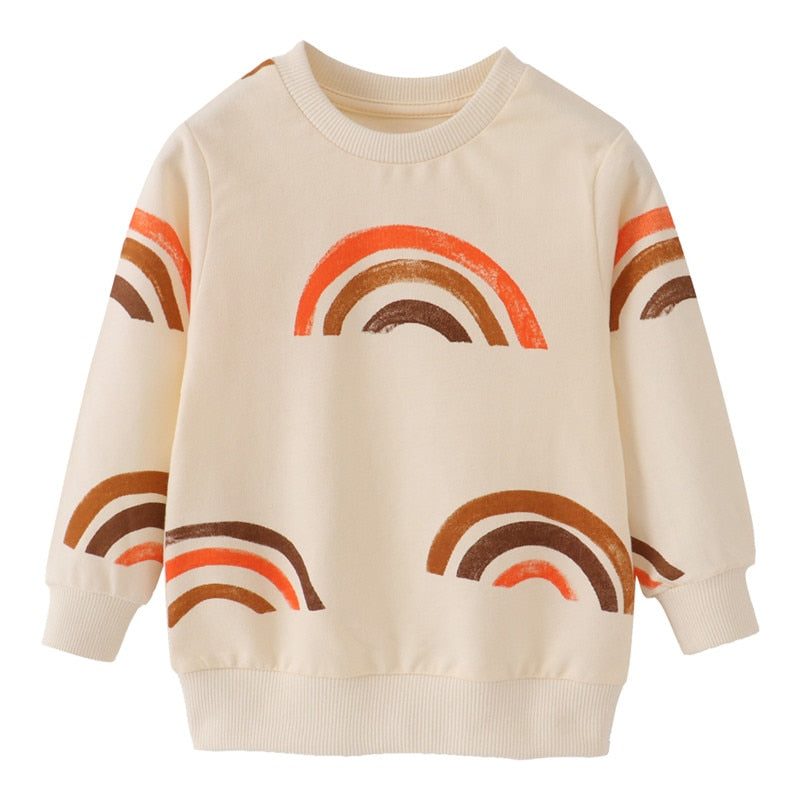Toddler girls' autumn rainbow sweatshirt with panda, car, and pineapple prints from August + Willow for ages 2-7 years.