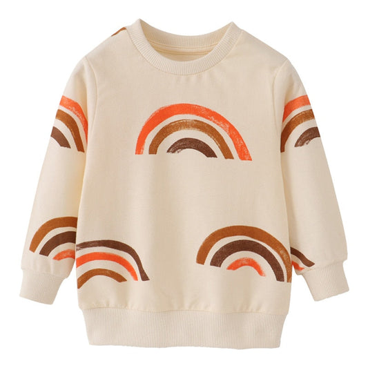 Toddler girls' autumn rainbow sweatshirt with panda, car, and pineapple prints from August + Willow for ages 2-7 years.