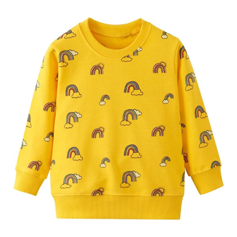 Toddler girls and boys sweatshirts by August + Willow featuring rainbow, panda, car, and pineapple designs for autumn.