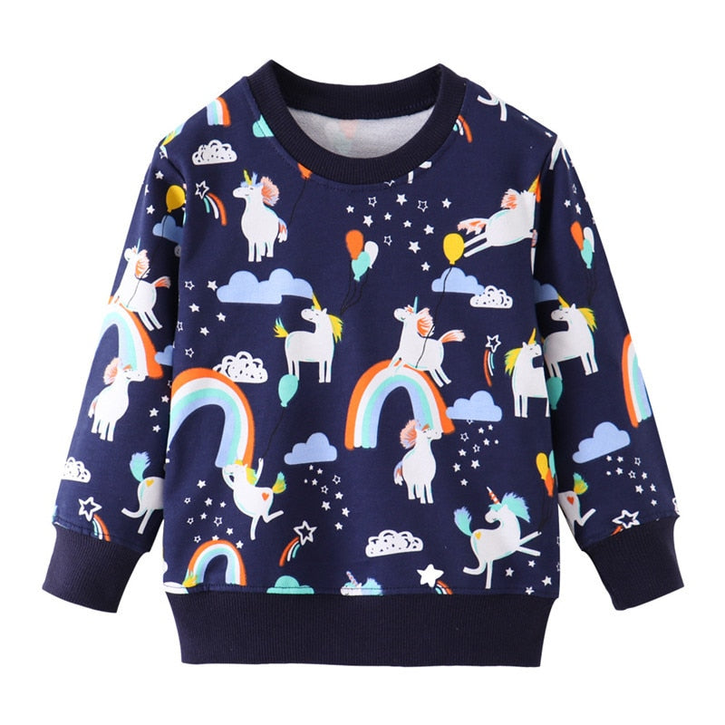 Colorful toddler sweatshirts by August + Willow featuring rainbow, panda, car, and pineapple designs for ages 2-7 years.