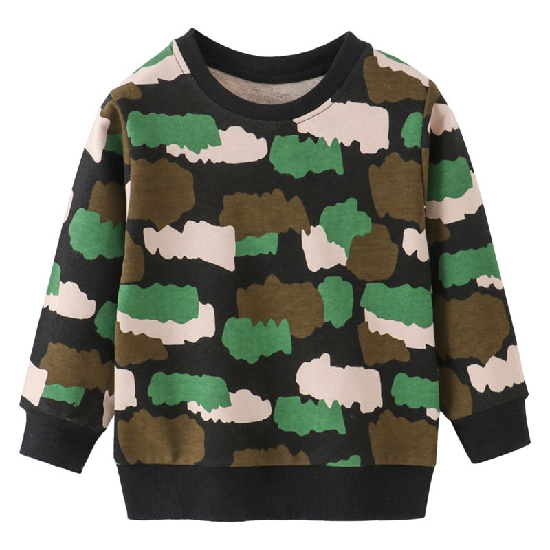 Toddler sweatshirt from August + Willow featuring rainbow, panda, car, and pineapple designs in vibrant autumn colors.