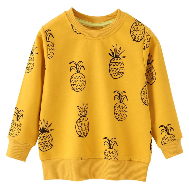 Toddler girls' sweatshirts by August + Willow featuring rainbow, panda, car, and pineapple designs for autumn wear.