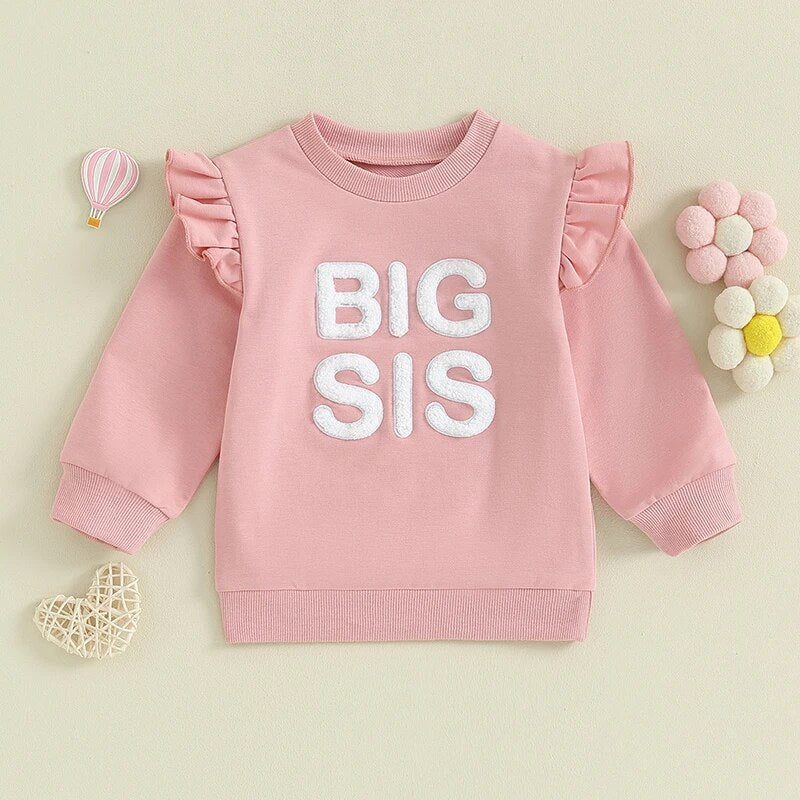Baby and toddler girls matching big sister and little sister ruffle sleeve long sleeve rompers by August + Willow.