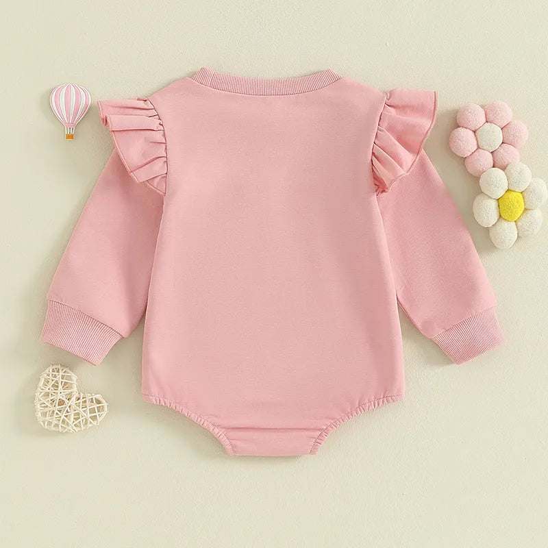 Baby and toddler girls' matching ruffle sleeve long sleeve romper and crewneck top by August + Willow, perfect for sisters.