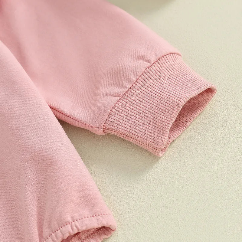 Baby and toddler girls matching big sister and little sister ruffle sleeve long sleeve rompers, crewneck tops by August + Willow.