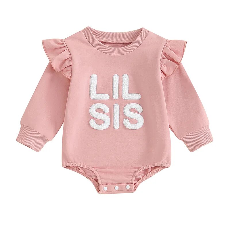 Baby and toddler girls' matching big sister and little sister ruffle sleeve long sleeve rompers by August + Willow, stylish and comfortable.