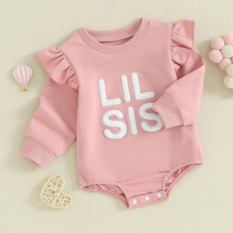 Baby and toddler girls matching big sister and lil sister ruffle sleeve long sleeve rompers in pastel colors, crewneck style.