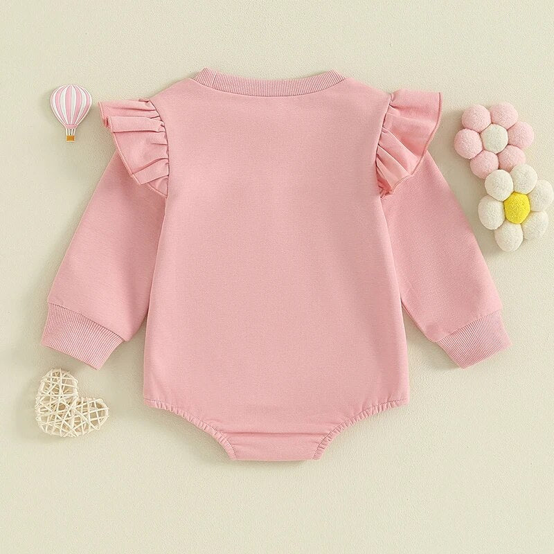 Baby and toddler girls matching ruffle sleeve long sleeve rompers in pink from August + Willow, featuring crewneck tops for sisters.