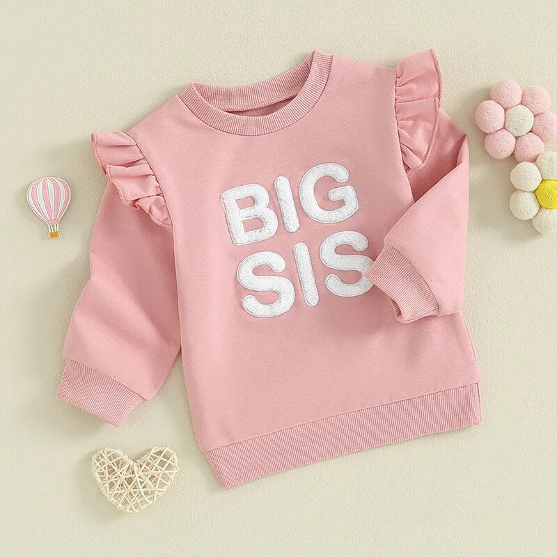 Baby and toddler girls matching big sister and little sister ruffle sleeve long sleeve rompers by August + Willow.