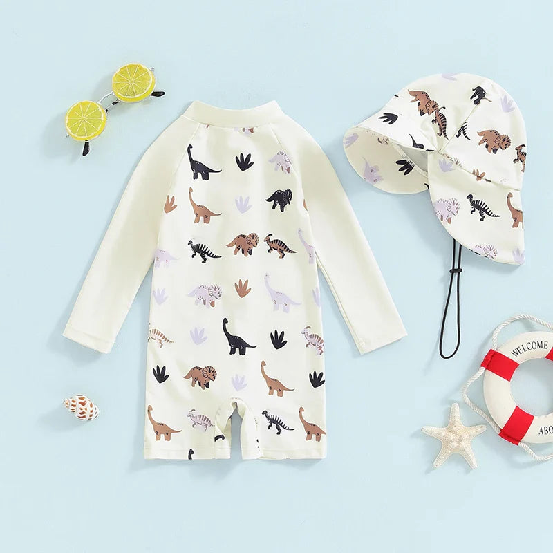 Baby toddler boy 2-piece swimwear set with dinosaur, turtle, and whale prints, includes long sleeve swimsuit and sun hat, August + Willow.