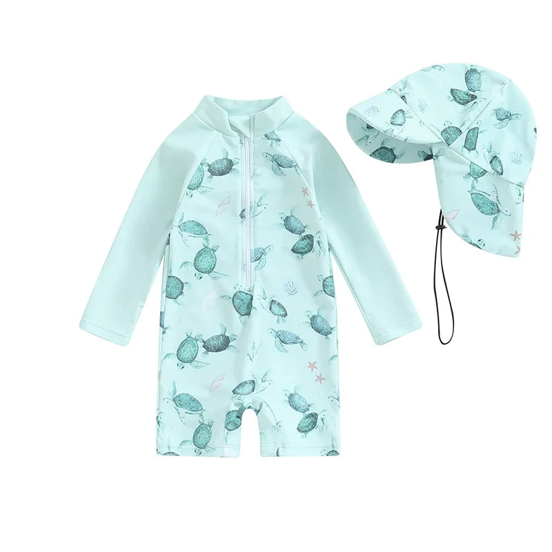 Baby toddler boy 2-piece swimwear set with dinosaur, turtle, and whale print, long sleeves, sun hat, by August + Willow.
