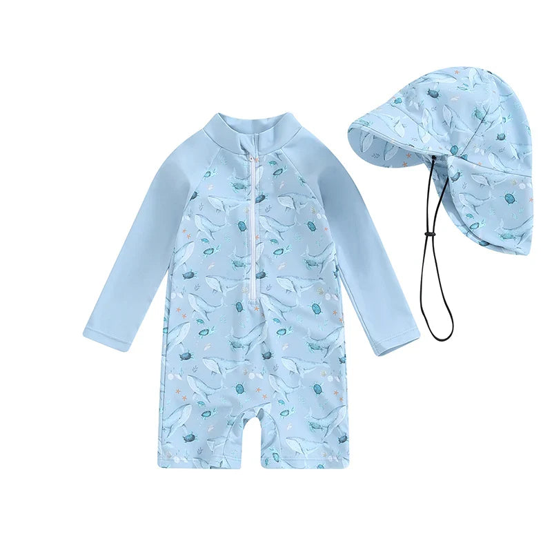Baby boy 2-piece swimwear set with dinosaur, turtle, whale prints, long sleeves, sun hat, by August + Willow for ages 6-12 months.