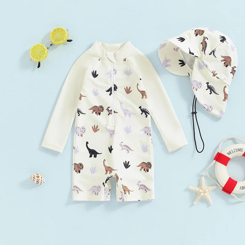 Baby boy 2-piece swimwear set with dinosaur, turtle, and whale prints, includes long sleeve swimsuit and sun hat, by August + Willow.